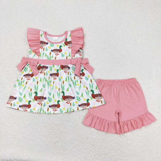 GSSO0517 Duck floral pink lace bow short sleeve shorts suit