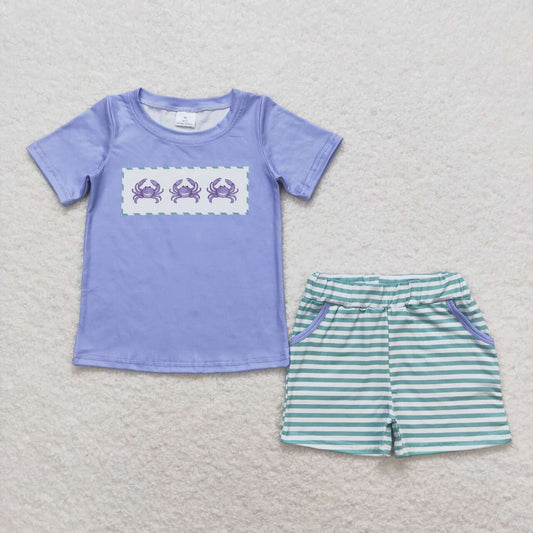 BSSO0637 Crab blue short-sleeved green striped shorts suit