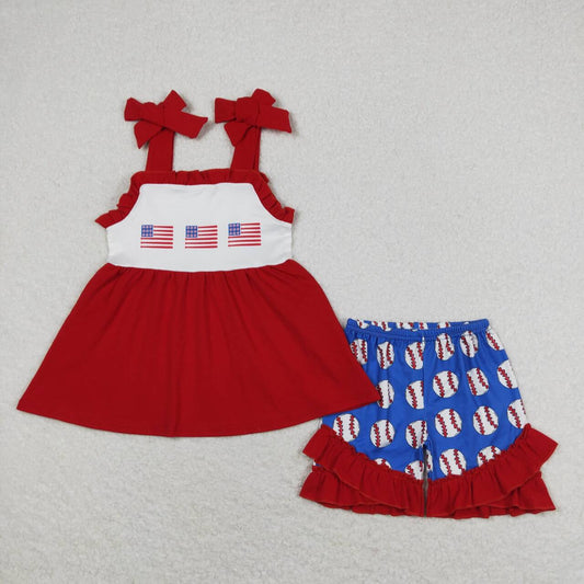 GSSO0736 4th of July Flag red lace suspenders baseball navy blue shorts set