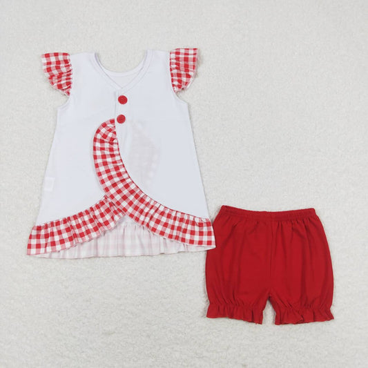 SSO0662 4th of July Embroidered fireworks flag cart red plaid lace flying sleeve shorts set