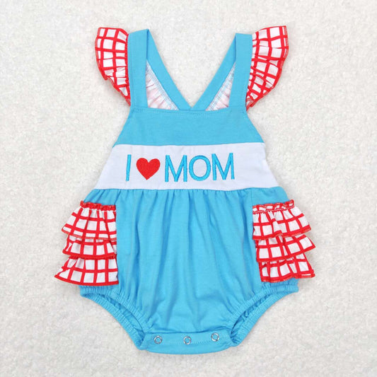 SR0683 I love mom Embroidered letter red and white check lace Blue flying sleeve onesie