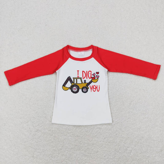 BT0523 Love excavator red and white shoulder long sleeve shirt