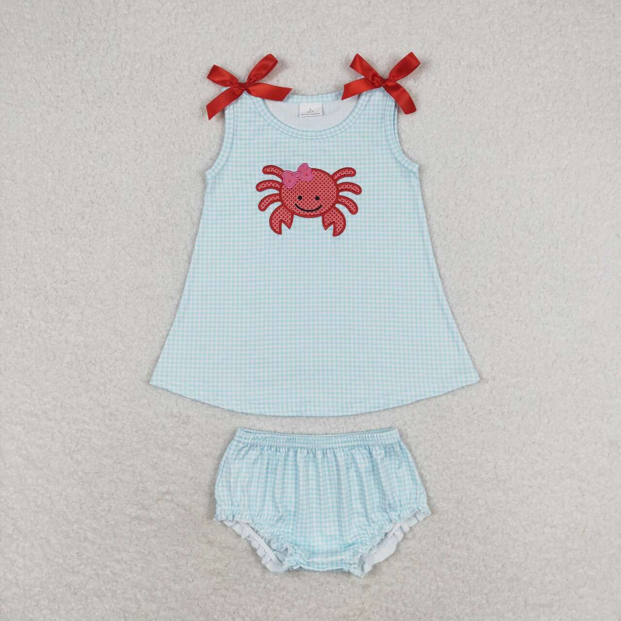 GBO0267 Embroidered crab blue and white checkered sleeveless top briefs suit