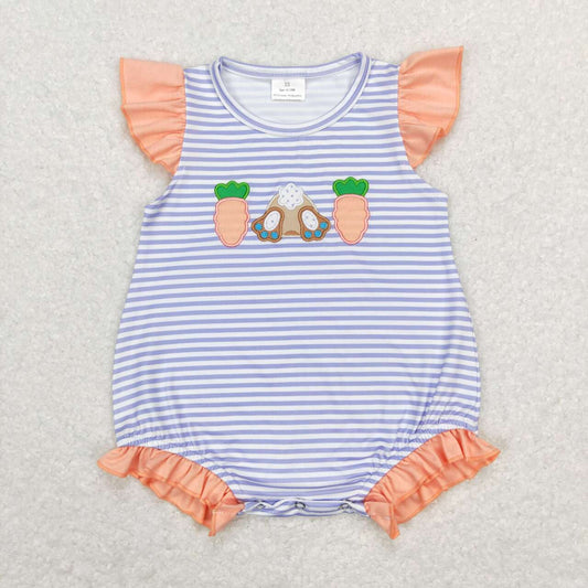 SR0533 Embroidered Orange Carrot Rabbit Blue and white striped lace flying sleeve onesie