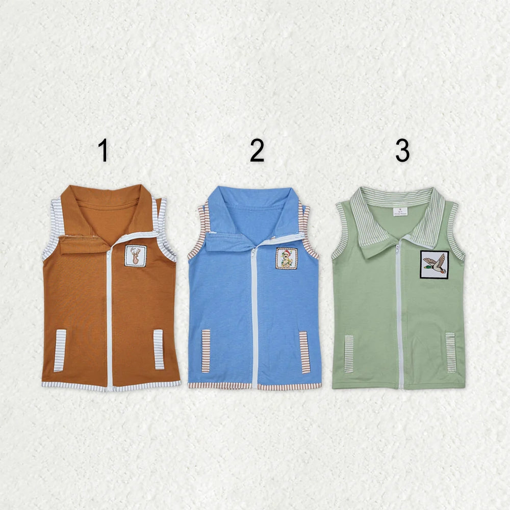 Sibling Baby Boys Sleeveless Embroidery Deer Dog Duck Pocket Zipper Jackets Top 8.7