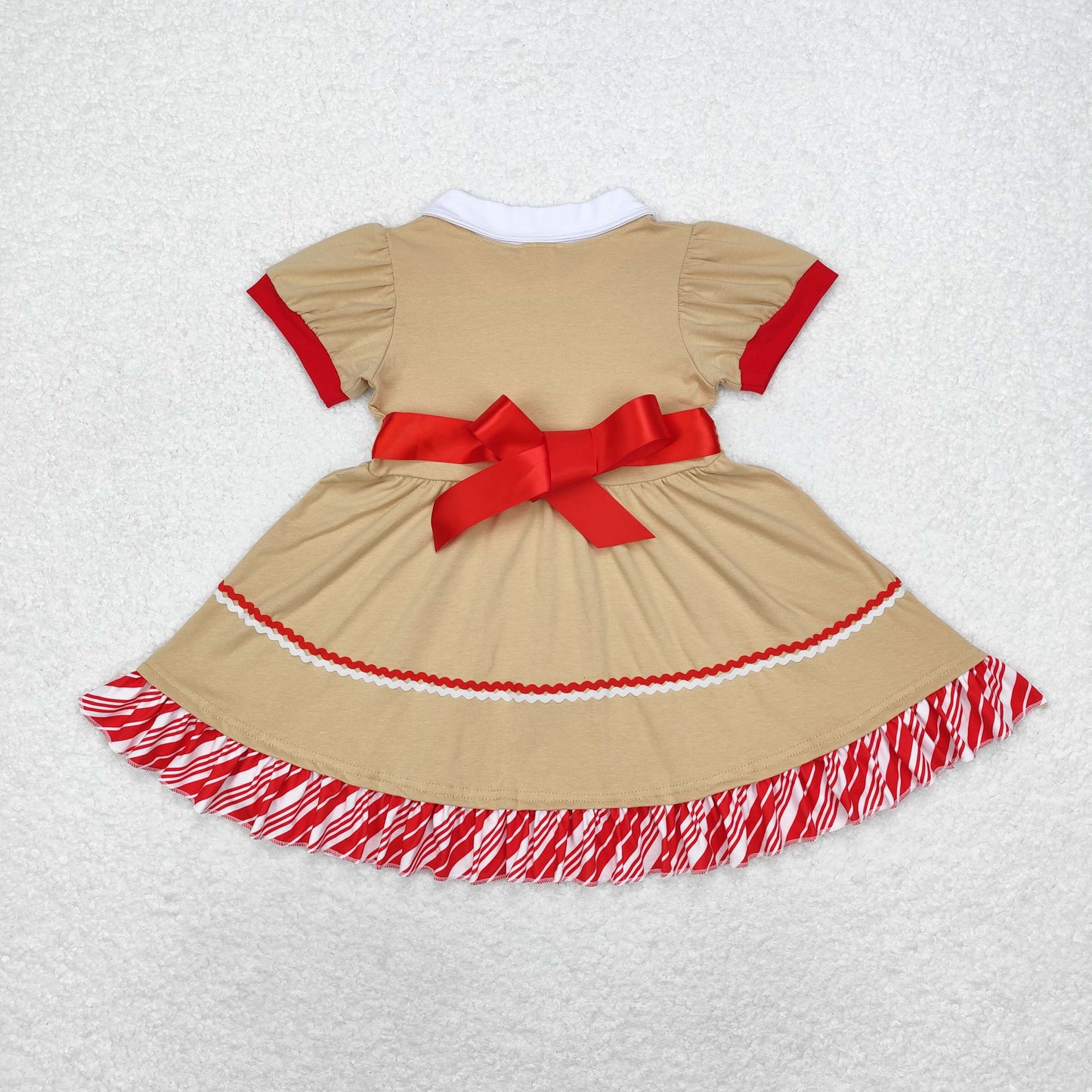 GSD1389 Christmas doll collar striped lace red belt brown short-sleeved dress