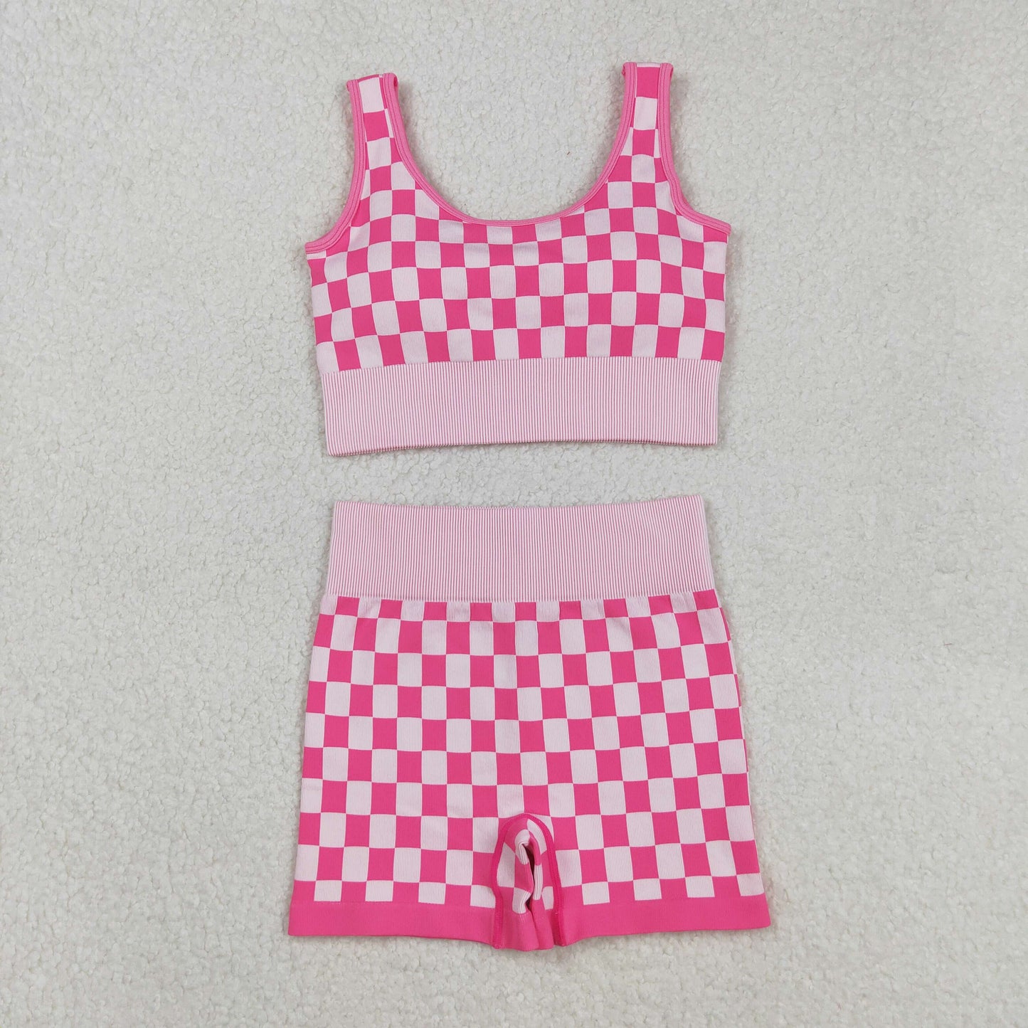 GT1190+SS0645 Adult Women Pink Checkered Crop Bra Top Shorts Yoga Outfits Set C9.1