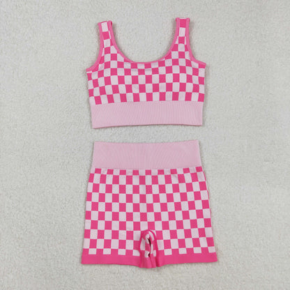 GT1190+SS0645 Adult Women Pink Checkered Crop Bra Top Shorts Yoga Outfits Set C9.1