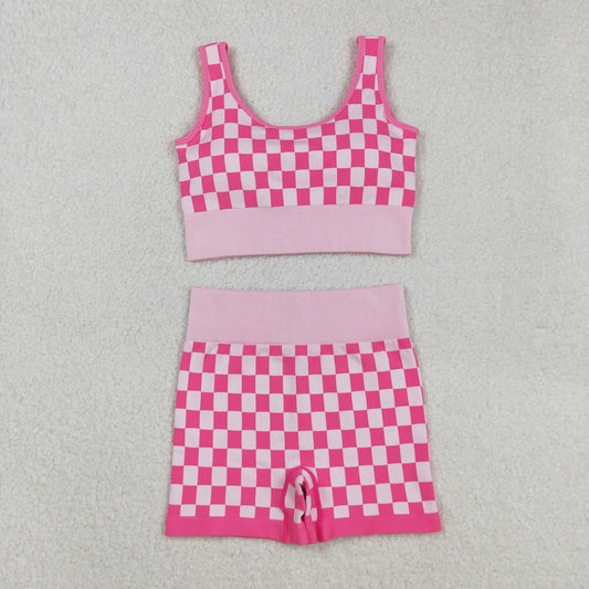 GT1190+SS0645 Adult Women Pink Checkered Crop Bra Top Shorts Yoga Outfits Set C9.1