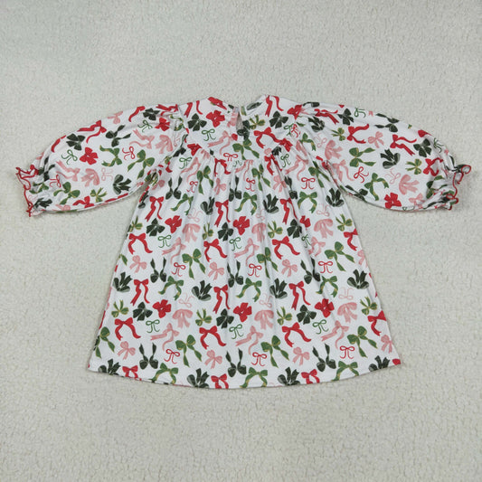 GLD1094 Baby Girls Long Sleeves Smocked Merry Christmas Colorful Bows Knee Length Dress 7.28