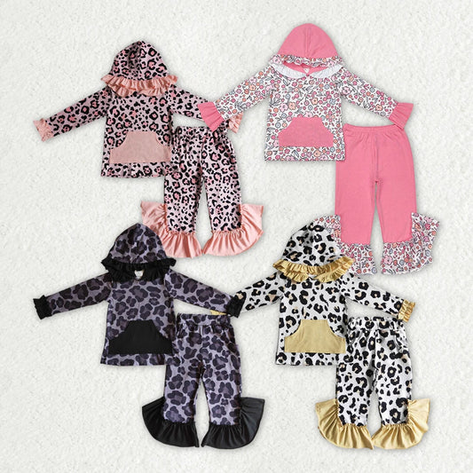 Sibling Baby Girls Leopard Spring Flowers Hooded Top Pants Clothes Sets