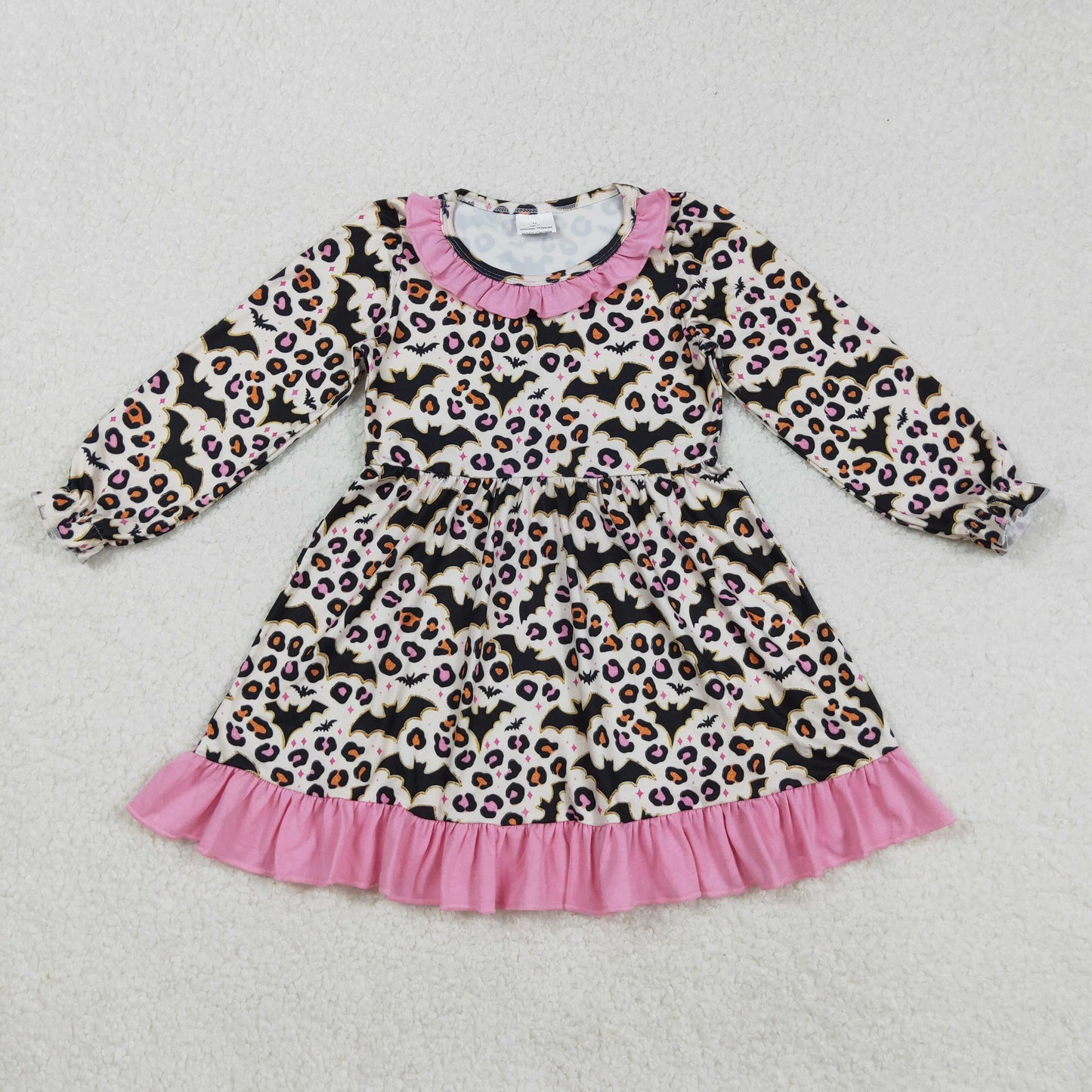 GLD1224 Baby Girls Long Ruffle Sleeves Leopard Bats Plaid Knee Length Dress C9.1