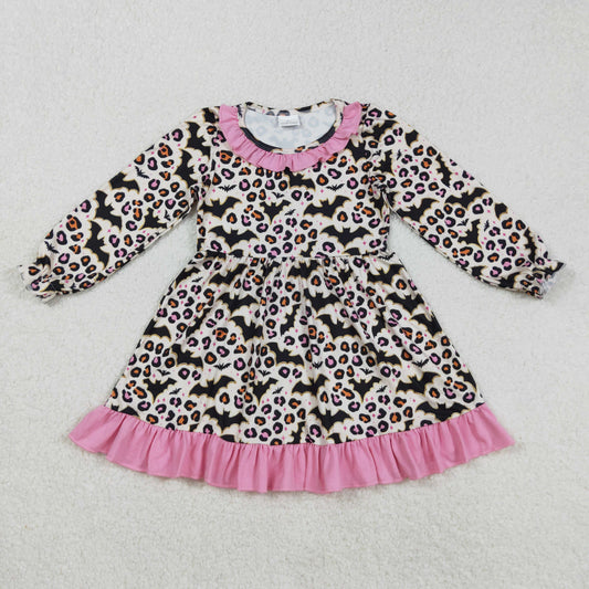 GLD1224 Baby Girls Long Ruffle Sleeves Leopard Bats Plaid Knee Length Dress C9.1
