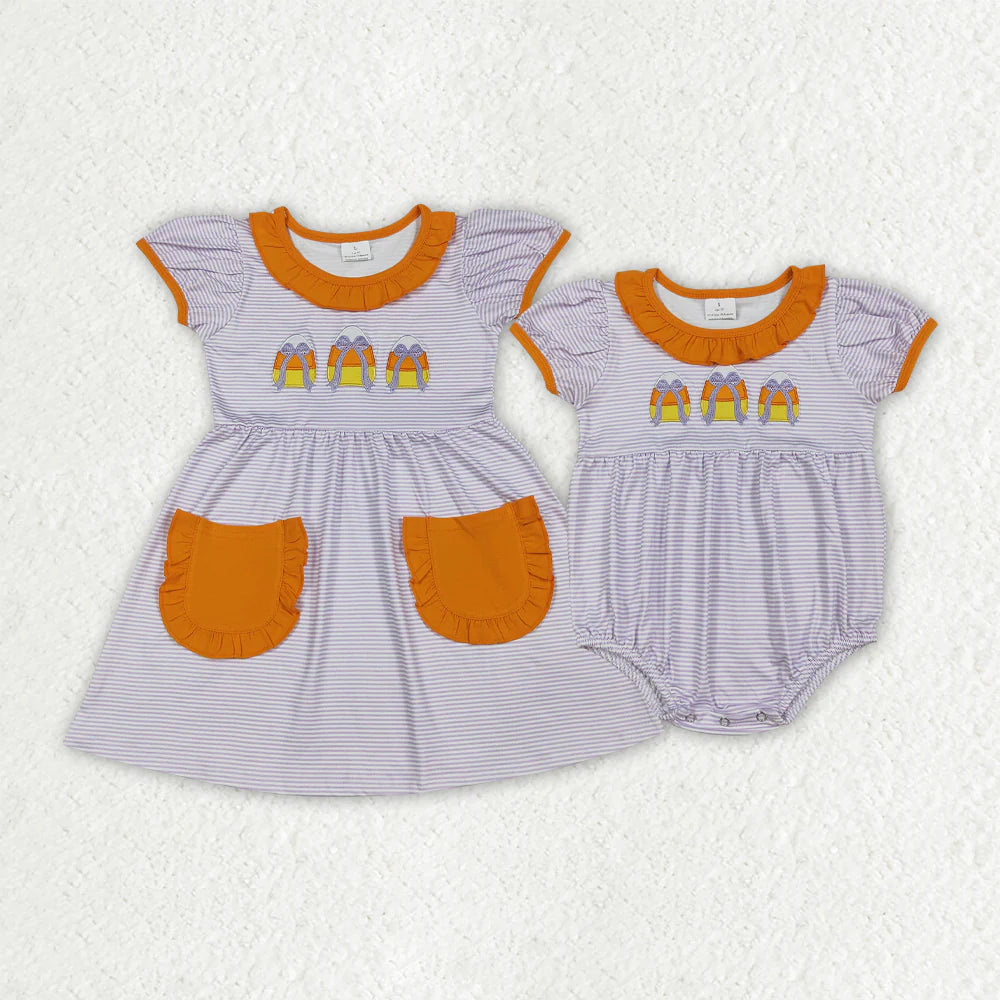 Sibling Baby Girls Embroidery Bows Candy Stripe Pockets Halloween Knee Length Dresses Rompers C10.9