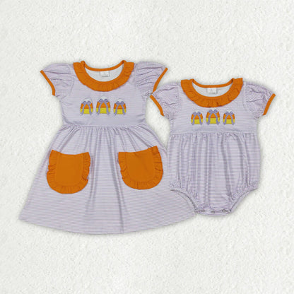 Sibling Baby Girls Embroidery Bows Candy Stripe Pockets Halloween Knee Length Dresses Rompers C10.9