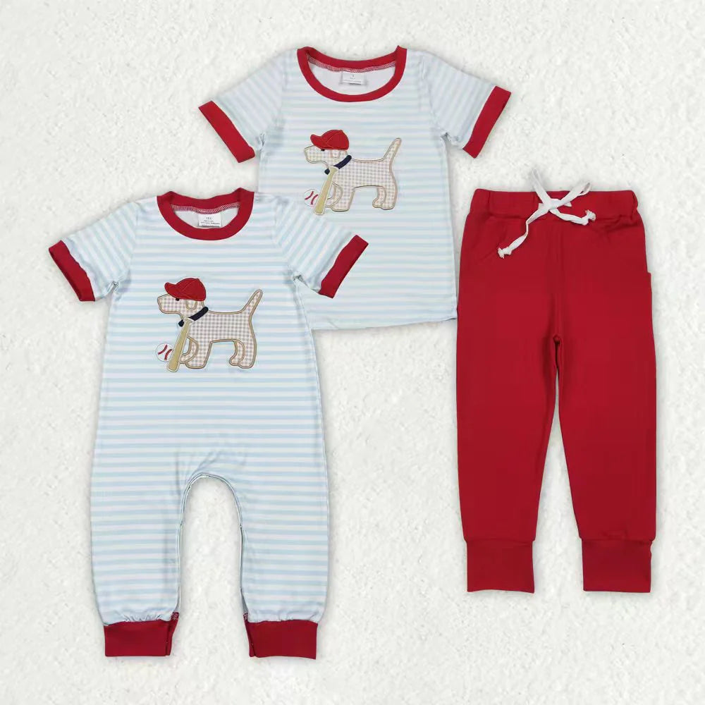 Sibling Baby Boys Embroidery Baseball Dogs Stripe Pockets Pants Team Set Footie Rompers C12.2