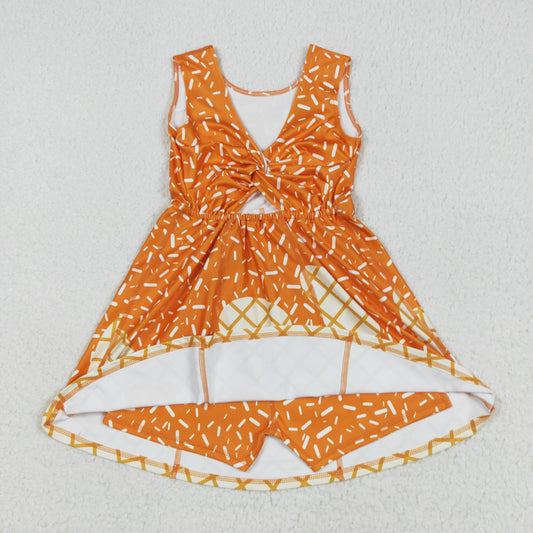 GSD2750 Baby Girls Orange Drip Sleeveless Shorts Team Yoga Active Knee Length Dress 7.28