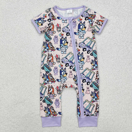 SR2095 Baby Infant Kids Purple Dog Easter Rabbits Zip Romper