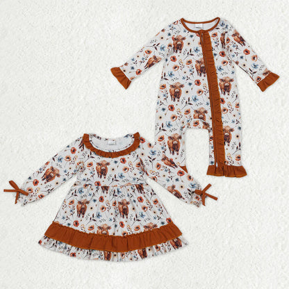 Sibling Baby Girls Highland Cows Flowers Ruffle Collar Western Knee Length Dresses Zipper Rompers C11.19