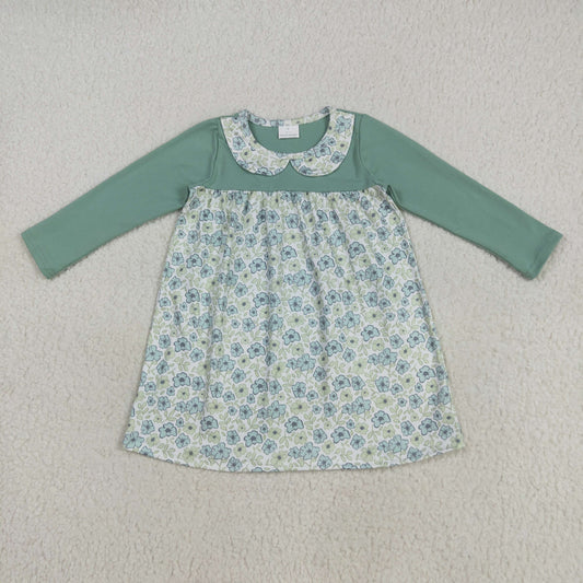 GLD1087 Baby Girls Aqua Long Sleeves Flowers Plaid Knee Length Dress 7.21
