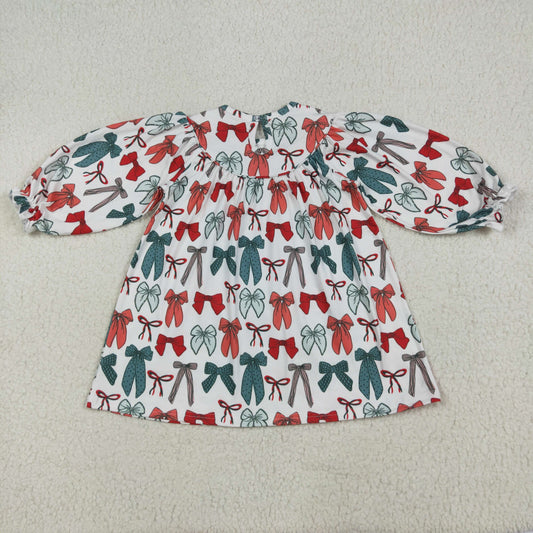 GLD1028 Baby Girls Long Ruffle Sleeves Colorful Bows Smocked Knee Length Dress 7.10