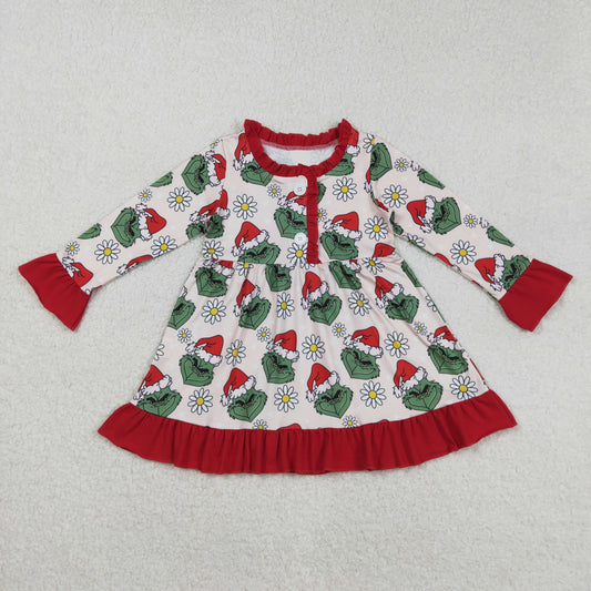 GLD1230 Baby Girls Button Christmas Hats Green Face Flowers Ruffle Knee Length Dress C8.25