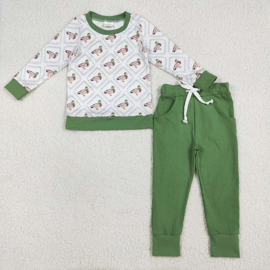 BLP1071 Baby Boys Long Sleeves Green Ducks Plaid Top Pockets Legging Pant Set 7.11
