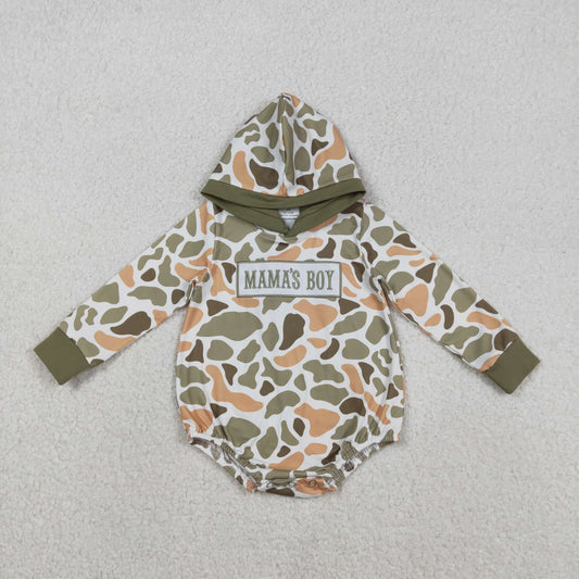 LR2798 Embroidery Baby Boys Green Orange Camo Mama's Boy Hoodie Romper C11.29