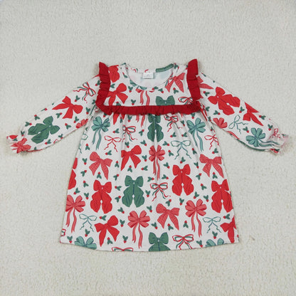 Sibling Baby Girls Green Red Bows Long Sleeves Christmas Knee Length Dresses C9.4