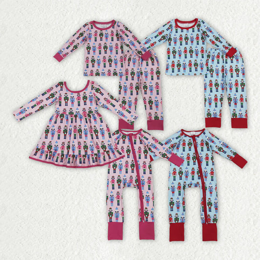 Sibling Baby Boys Girls Soldiers Checked Christmas Ruffle Knee Length Dress Pajamas Sets Footie Rompers C10.11