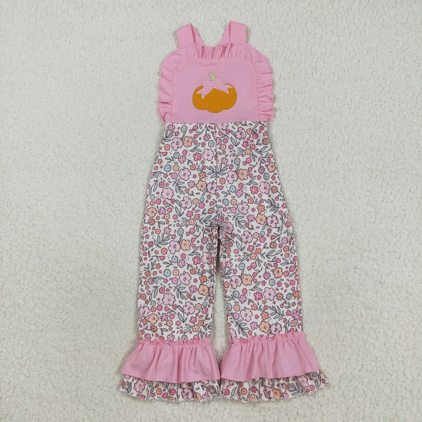 SR3176 Embroidery Baby Girls Pink Strap Bow Pumpkins Floral Ruffle Pant Jumpsuit C8.16