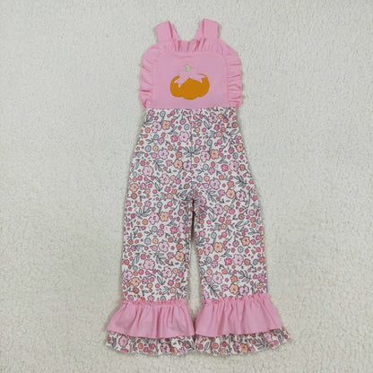SR3176 Embroidery Baby Girls Pink Strap Bow Pumpkins Floral Ruffle Pant Jumpsuit C8.16