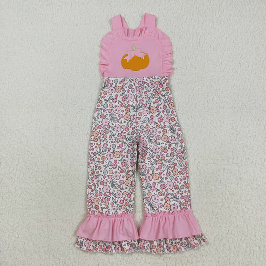 SR3176 Embroidery Baby Girls Pink Strap Bow Pumpkins Floral Ruffle Pant Jumpsuit C8.16