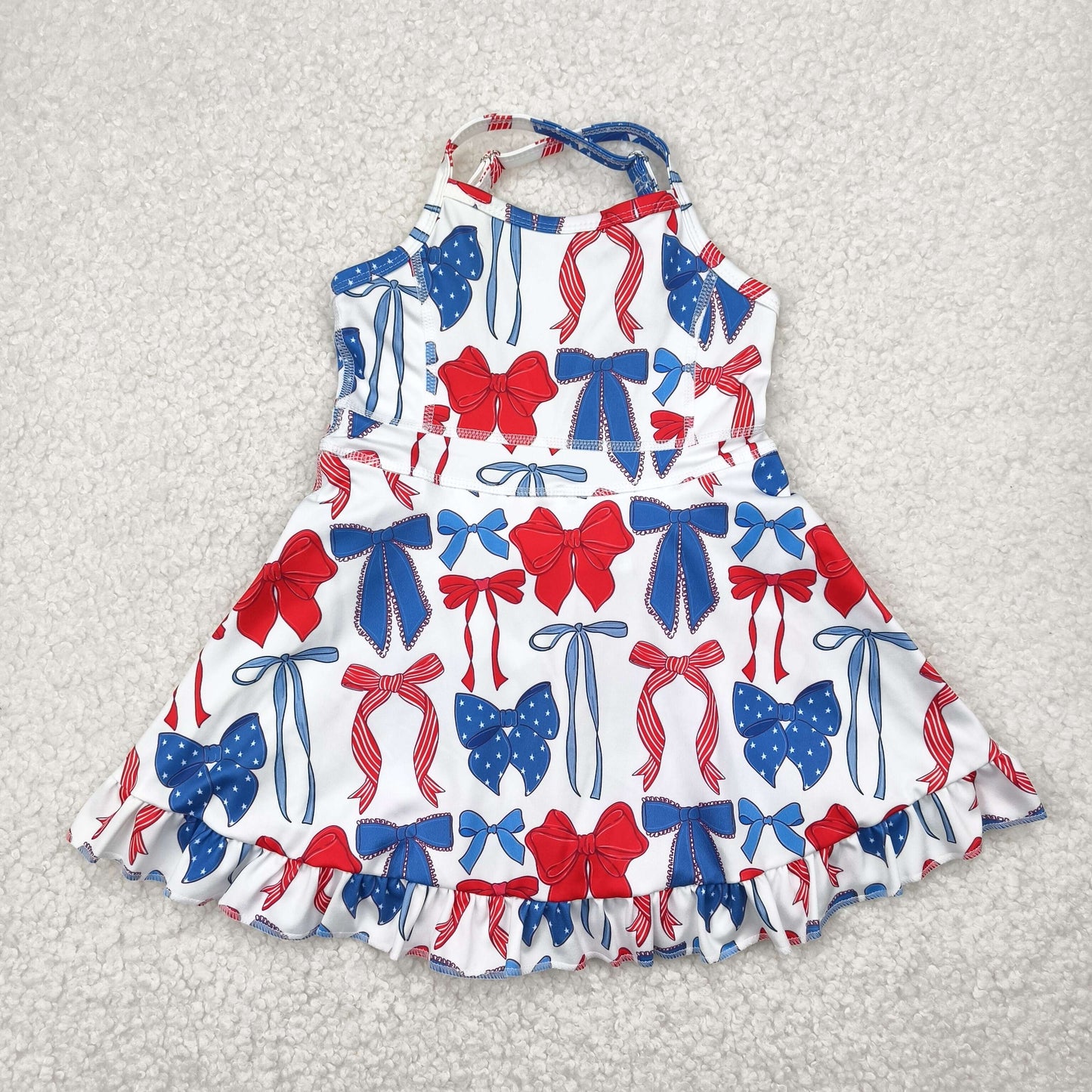 GSD2345 Baby Girls Strap Blue Red Bows 4th Of July Active Knee Length Dress 5.8
