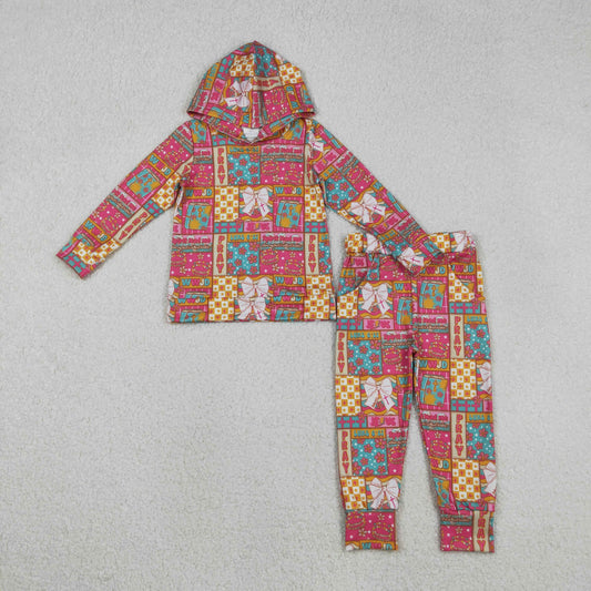 GLP2891 Baby Girls Pink Bows Flowers Checked Hoodies Pockets Jogger Clothes Set C11.18