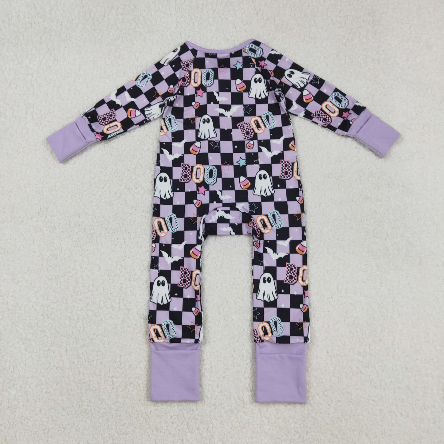 LR2541 Baby Girls Black Plaid Ghosts Candy Halloween Zipper Footie Romper C9.4