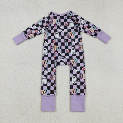 LR2541 Baby Girls Black Plaid Ghosts Candy Halloween Zipper Footie Romper C9.4