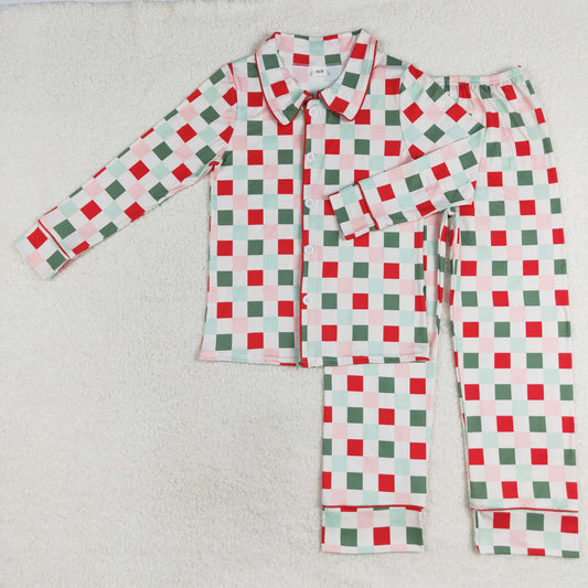 GLP1353 Adult Christmas pajama set with plaid long sleeves and trousers