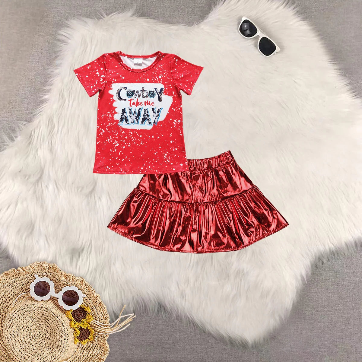 Sibling Baby Girls Short Sleeves Cow Stars Top Red Leather Skirts Western 4th Of July Sets 4.24