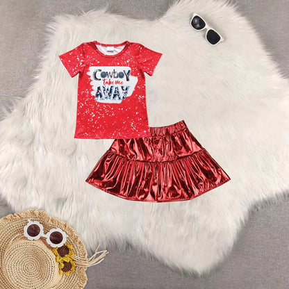 Sibling Baby Girls Short Sleeves Cow Stars Top Red Leather Skirts Western 4th Of July Sets 4.24