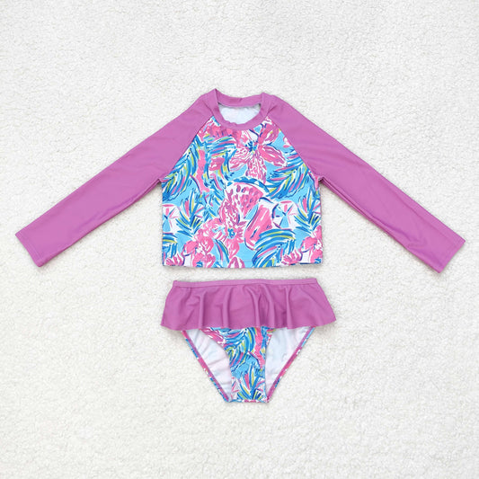 S0259 Floral rose pink lace blue long sleeve swimsuit