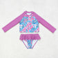 S0259 Floral rose pink lace blue long sleeve swimsuit