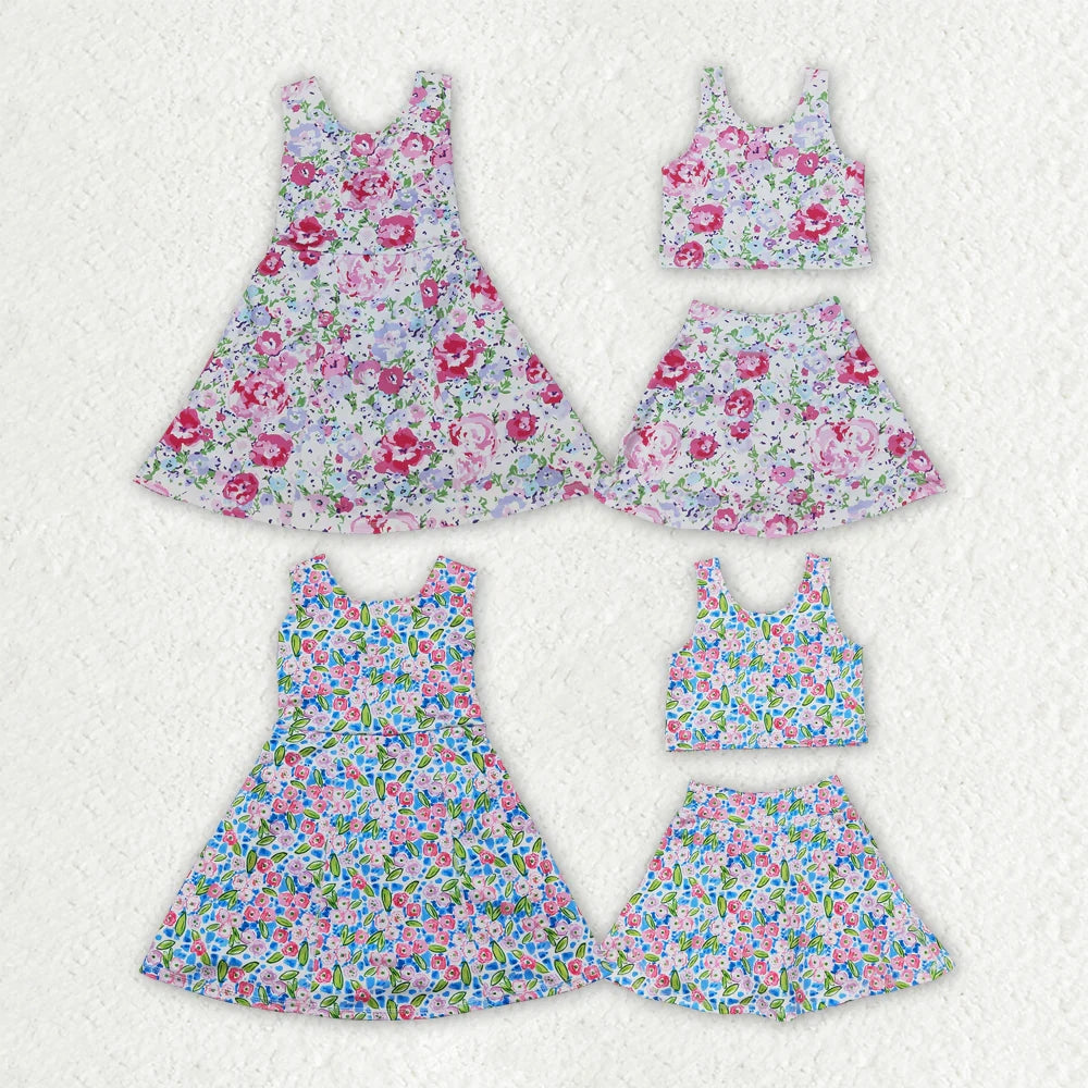 Sibling Baby Girls Flowers Sleeveless Athletic Skorts Sets Dresses 4.15