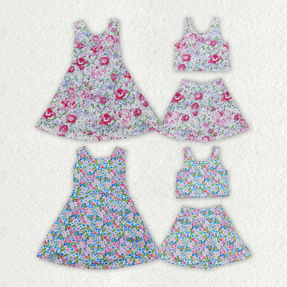 Sibling Baby Girls Flowers Sleeveless Athletic Skorts Sets Dresses 4.15