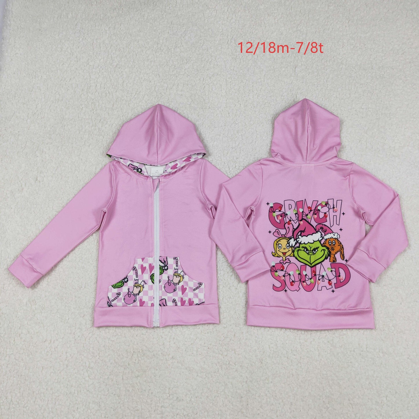 GT1142 Baby Girls Pink Christmas Green Faces Pocket Zipper Hoodies C10.31
