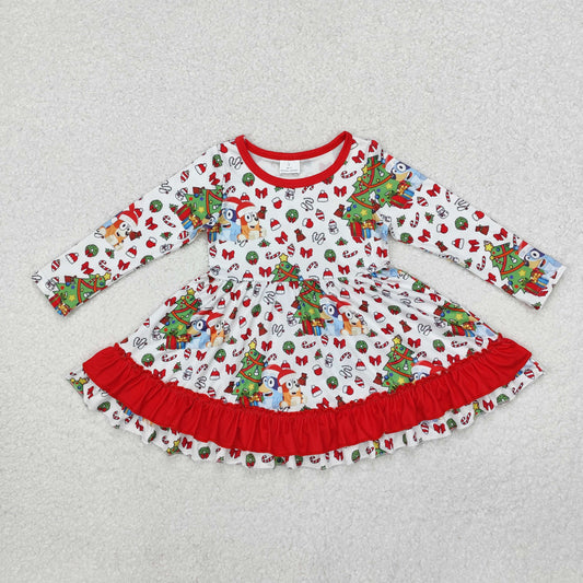 GLD0792 Baby Girls Christmas Dogs Tree Red Knee Length Dress