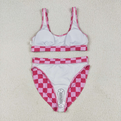 S0555 Adult Women Hot Pink Plaid Vest Top Bottom Swimsuits Set 6.13