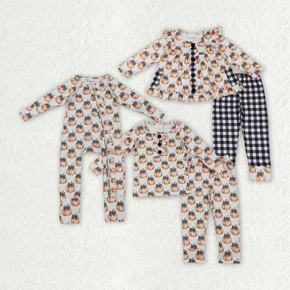 Sibling Baby Girls Bows Pumpkins Button Fal Pajamas Clothes Sets Zipper Footie Rompers C9.30