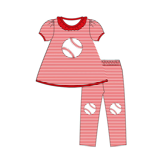 C11.26 Custom Moq 8 Baby Girls Red Stripe Baseballs Collar Tunic Leggings Team Clothes Sets