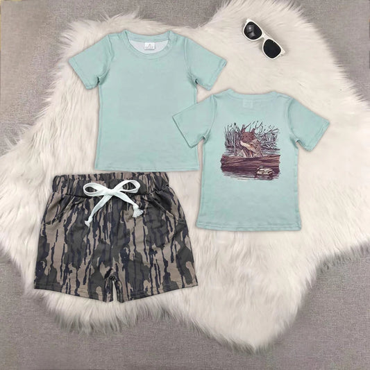 BT1081+SS0201 Baby Boys Aqua Dog Ducks Shirts Top Bottomland Camo Pockets Shorts Western Hunting Set 4.24
